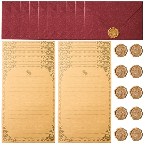 Zasiene Papel y Sobres para Cartas Bonitas, Papel de Carta Vintage con Sobre, Sobres Vintage Scrapbook, 10 Sobres, 10 Papelería Vintage y 10 Pegatinas Sellos de Cera(Rojo)