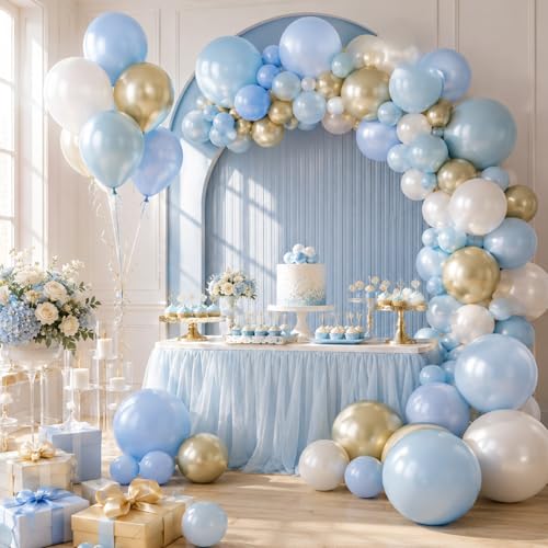 Image of Dusty Blue Pearl Balloons, 50PCS 12Inch Sand Double Stuffed for Baby Shower | Pearl White Dusty Blue Double Stuffed Balloons for Baby Shower Wedding Anniversary Birthday Party Boho Style Decor