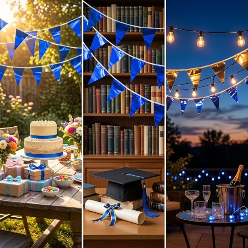 Image of 65FT Blue Glitter Triangle Pennant Banner Flag Metallic Bunting Fabric Garland for Christmas Graduation Wedding Engagement Anniversary Bachelorette Birthday Bridal Shower Valentine's Party Supplies