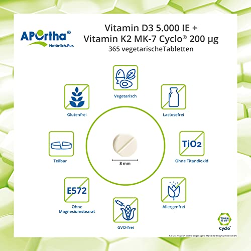 APOrtha Vitamin D3 5.000 I.E + 200 µg K2 99+% ALL-Trans, 365 vegetarische Tabletten hochdosiert u. teilbar, Premium Vitamin D und K Tablette leicht zu schlucken - Alternative zu Tropfen und Kapseln