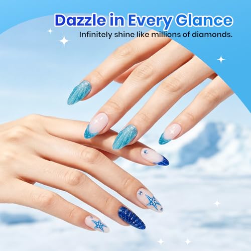 Image of Beetles Blue Gel Nail Polish Set, 6 Colors Glacier Diamond Glitter Deep Blue Shimmer Gel Polish, Sparkling Summer UV Soak Off Nail for DIY Nail Art Salon Home Gift for Women