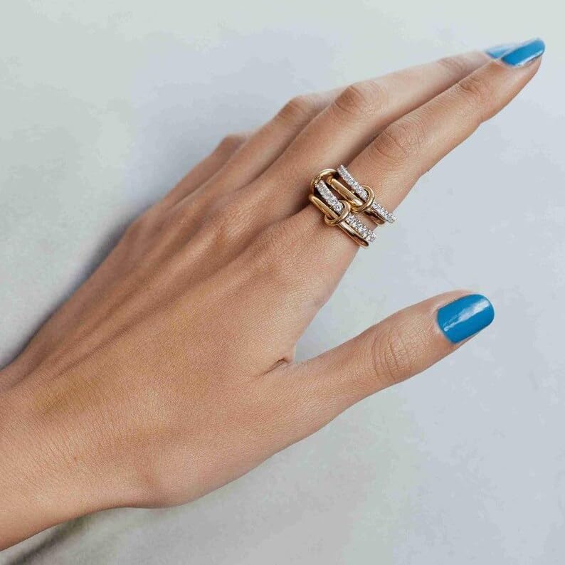 18K Gold Plated White Topaz Interlocked Stackable Rings for Women 925 Sterling Silver Multi Stack Link Ring Dainty Two Tone Statement Ring Jewelry