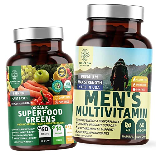 N1N Premium Daily Multivitamins for Men and Organic Super Green, All Natural Supplements to Support Bone Strength, Immunity and Gut Health, 2 Pack Bundle