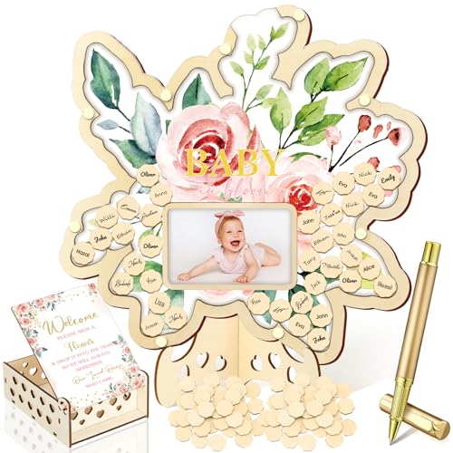 Image of Wenqik 63 Pcs Baby in Bloom Baby Shower Guest Book Alternatives Pink Floral Decorations Set with Photo Frame Sonogram Frame Keepsake 60 Wood Slices Guest Book for Birthday