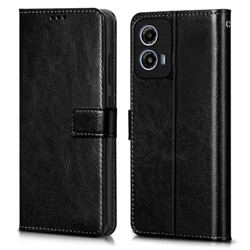 Image of WOW IMAGINE Shock Proof Flip Cover Back Case Cover for Motorola Moto G34 5G | Moto G45 5G (Flexible | Leather Finish | Card Pockets Wallet & Stand | Black)