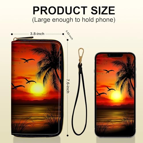 Women's Card Holder Wristlet Wallet, Convenient Travel Long Wallet with Strap and Pink Compact Mirror, Fashion and Sturdy Wristlet Long Purse for Women, Coconut Tree Sunset3