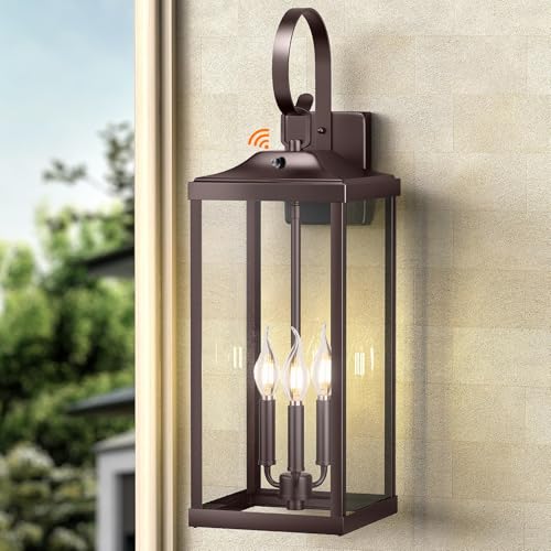 Image of 24 inch Extra Large Dusk to Dawn Outdoor Wall Lights, Waterproof Proch Lights | Oil Rubbed Bronze Outdoor Light Fixture 3-Light, Modern Outdoor Sconce Lights with Tempered Glass Coach Light, Brown, 1-Pack