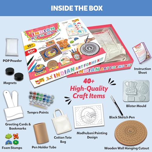 Image of Little Berry Indian Art Forms Kits - 3 in 1 Indian Art Forms Kit | Learn Warli & Block Printing | DIY Art & Craft Kits with Drawing Kit & Colour Set for Kids 6-12 | Educational Gift for Girls & Boys