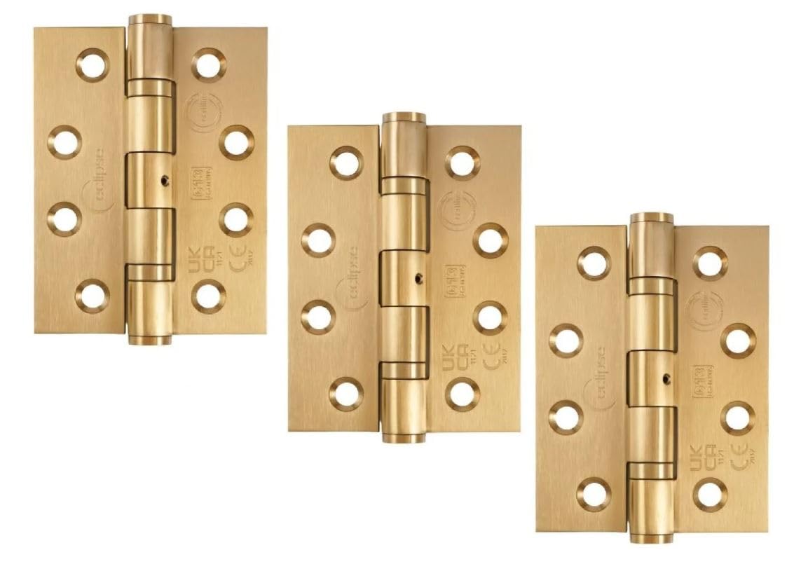 Eclipse Grade 13 Internal Fire Door Hinges, 4 Inch (102mm) Heavy Duty Stainless Steel, Pack of 3 (Satin Brass)