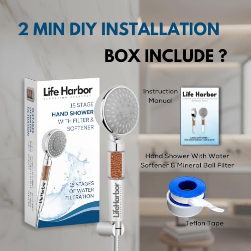 Image of Life Harbor Hand Shower Filter for Hard Water | 15 Stage Purifier | Shower Head Water Softener for Hair Fall, Dry Skin | 2X Active Filtration Media (Hand Shower: 15 Stage + Mineral Balls)