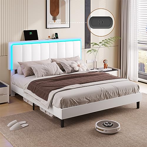 image for DICTAC Bed Frame Queen Size with Led Lights and USB Ports Modern Uphol