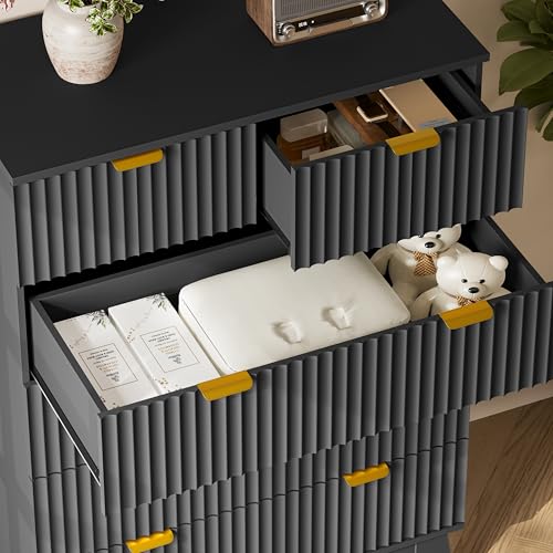 Image of BORNOON 46 inch Tall Dresser for Bedroom, 6-Drawer Fluted Chest of Drawers, Modern Wood Highboy with Deep Storage, Metal Slides and Handles, Anti-Tip Kit, Vertical Clothes Organizer for Apartment, Nursery