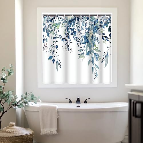 Ruelvth Shower Window Curtain Watercolor Blue Eucalyptus Small Short Waterproof Bathroom Window Curtain with Hooks 40x36 Inch