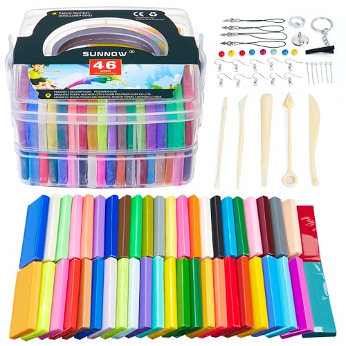 SUNNOW Pâte Polymère, 46 Couleurs Sûr et Non Toxique Pâte Polymère, Cuisson au Four Pate a Modeler DIY Clay Kit avec Outils de Modelage et Accessoires,...