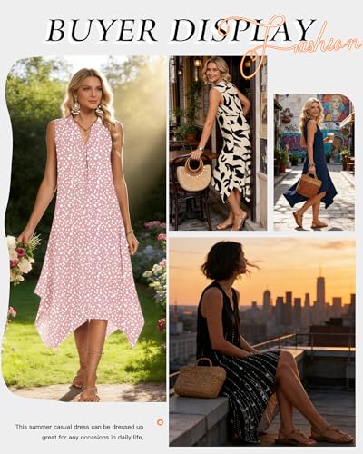 Image of AUSELILY Women Summer Midi Dress, Sleeveless Casual Asymmetrical & Pockets | V-neck midi sundress, asymmetrical flowy hem & side pockets, great for beach, vacation and daily wear