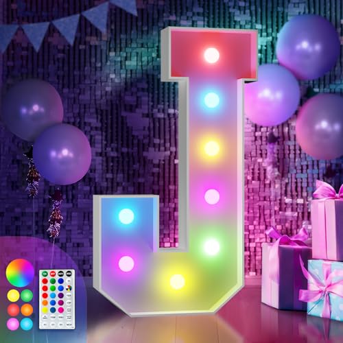 Image of Imprsv Colorful 3FT Marquee Letters J, 18 Colors Large Light up Letters | RGB with Remote, Birthday Party Decorations Anniversary Wedding Decorations Assembly Required 20 Pcs Accessory Set