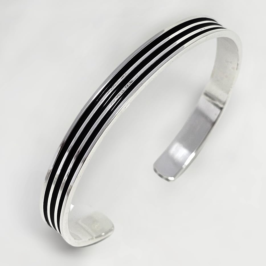 Men's Solid 925 Sterling Silver Bangle, Triple Enamel Lines Silver Cuff Bracelet for Men2