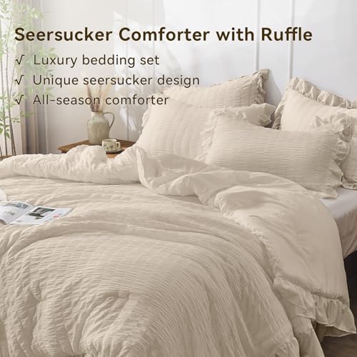 JOLLYVOGUE Beige Twin Size Comforter Set, 2 Pieces Seersucker Lightweight Fluffy Bedding Set, Twin Ruffle Comforter, All Season Soft Microfiber Shabby Chic Bed Set
