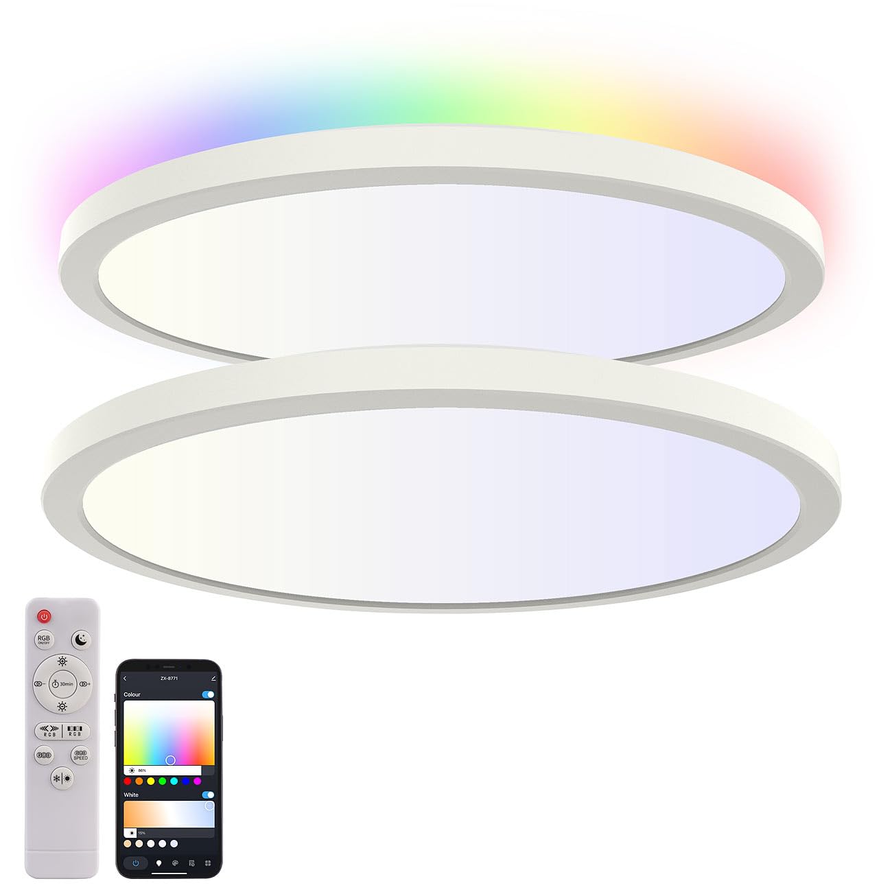 Luminea Home Control LED-Deckenlampe Panel: 2er-Set Super Slim WLAN-CCT-LED-Deckenlampen, Memory-Funktion, App (LED-Deckenleuchte kaltweiß, Deckenlampe Flur)