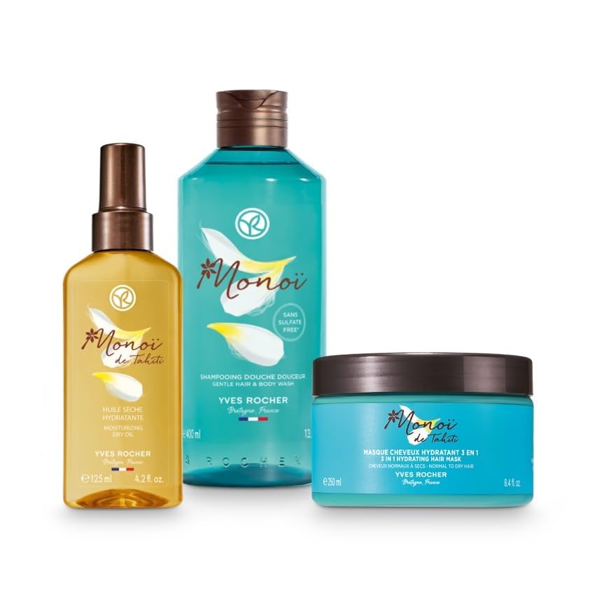 Yves Rocher Set Monoï de Tahití: Aceite Seco Hidratante (125ml) + Mascarilla Capilar 3 en 1 (250ml) + Champú-Gel de Ducha 2 en 1 (400ml) - Pack Ritual Belleza Corporal y Capilar Sin Sulfatos con Aroma