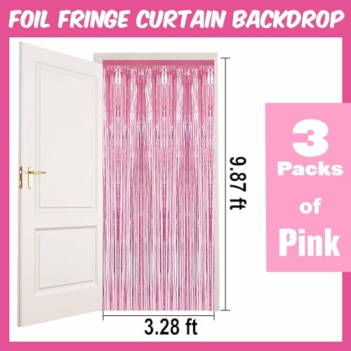 Image of 3 Pack Pink Foil Fringe Curtains Backdrop, 3.28 x 9.8 Ft Metallic Streamers Tinsel Curtains Background for Photo Booth, Birthday, Halloween, Christmas, Thanksgiving, New Year Party Decorations