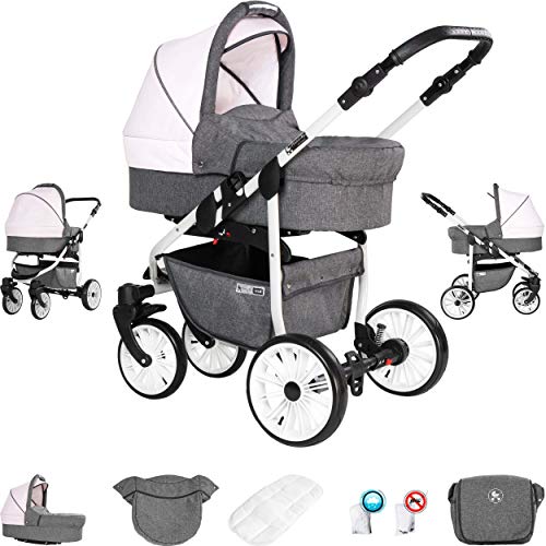 Friedrich Hugo Berlin 3-in-1 combi-kinderwagenset, gelbanden, kleur: Grey and Light Rose Day - Afbeelding 3