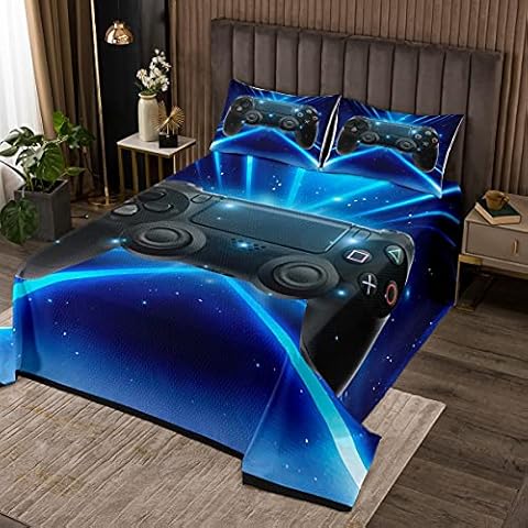 Loussiesd Modern Spiel Tagesdecke Jungen 170x210cm Gamer Gamepad Bettüberwurf Schwarz Blau Jugendliche Videospiel Controller Gamepad Steppdecke Cover