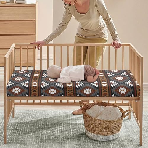 Image of Southwest Baby Crib Sheets for Boys Girls Aztec Themed Fitted Crib Sheet for Standard Crib and Toddler Mattress Brown Baby Mattress Sheets Toddler Bed Sheet 52x28x8 in