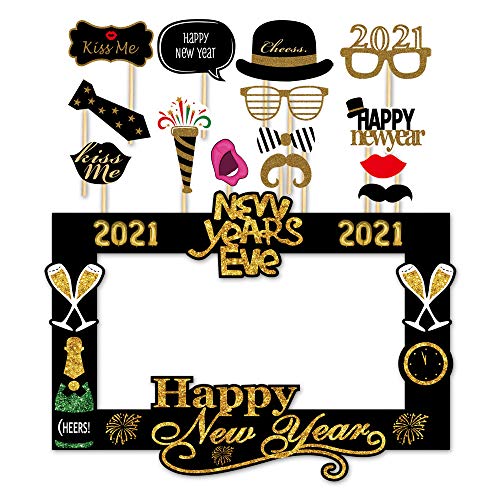 SWYOUN 14PCS Glitter 2021 Happy New Year's Eve Party Photo Booth Props Supplies with Photo Frame - //coolthings.us