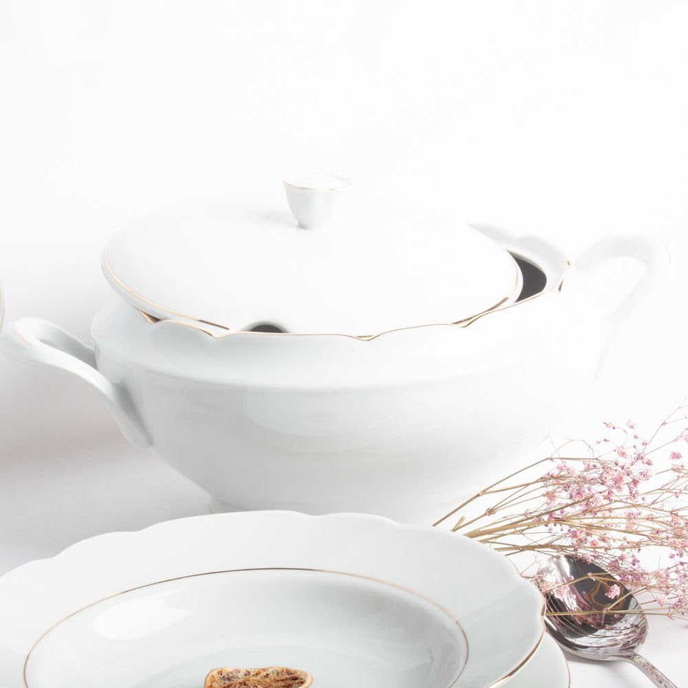 Soupière en porcelaine blanche (3 l) Sena, 1 couvercle en porcelaine, tranchant doré