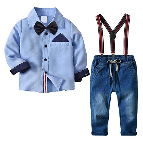Little Boys Clothes Child Gentleman Outfits Sets Bow Ties Dress Shirts+ Suspenders Denim Pants Set Kids Easter Formal Suits
