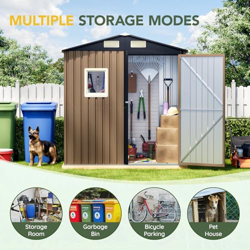 Image of Breezz 6x4FT Outdoor Steel Storage Shed, Lockable Doors, Compact Metal Tool Shed for Garden, Backyard, Patio, Utility, and Bike Storage,Brown