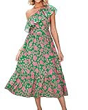 BTFBM Women One Shoulder Maxi Dress Spring Summer 2025 Casual Layered Ruffle Boho Vacation Beach Wedding Guest Dresses(Floral Pink Green, Large)