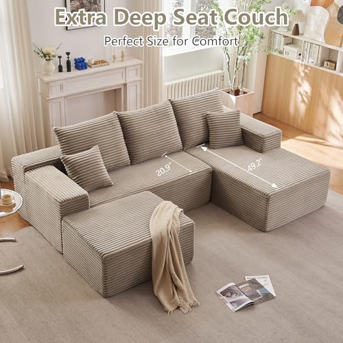 Image of Lakifun 107 inch U-Shape Cloud Couch, Modern Modular Sectional Comfy L-Shape Sofa with Ottoman, Deep Seat, Upholstered Corduroy Sleeper Chaise Longue for Living Room Bedroom, No Assembly Required, Camel