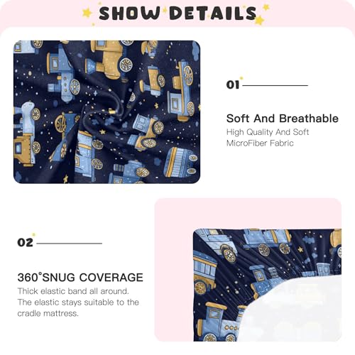 Image of Trains Cute Blue Crib Sheets Soft Breathable Fitted Baby Crib Sheets Mattress Cover for Girls Boys, 52 inch x 28 inch x 9 inch