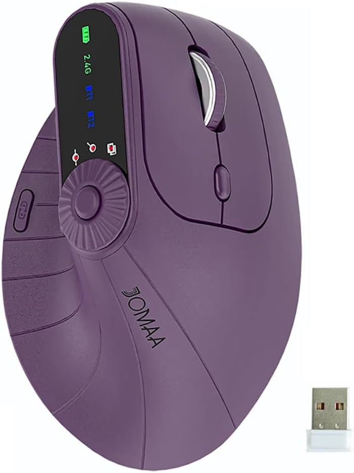 JOMAA Wireless 2.4G & Dual Bluetooth Three-Channel Ergonomic Vertical Mouse Adjustable DPI, Multi-Function Turntable for PC, Laptop, MacBook, Rechargeable (Purple)