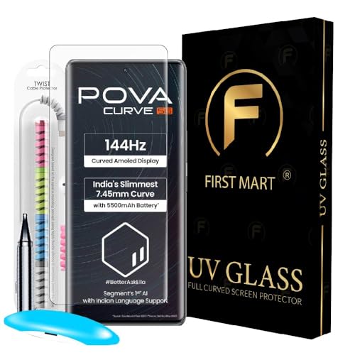 Image of FIRST MART Tempered Glass for Tecno Pova CurveWith UV Installation Kit | Military-Grade Gorilla Screen Protector and Cable Guard | Edge to Edge Coverage | Crystal Clear
