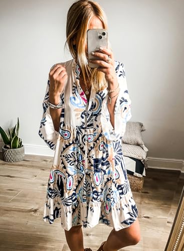miduo Womens Summer Dress Casual V Neck Buttoned 3/4 Sleeve Bohemian Tribal Print Flowy Mini Dresses2