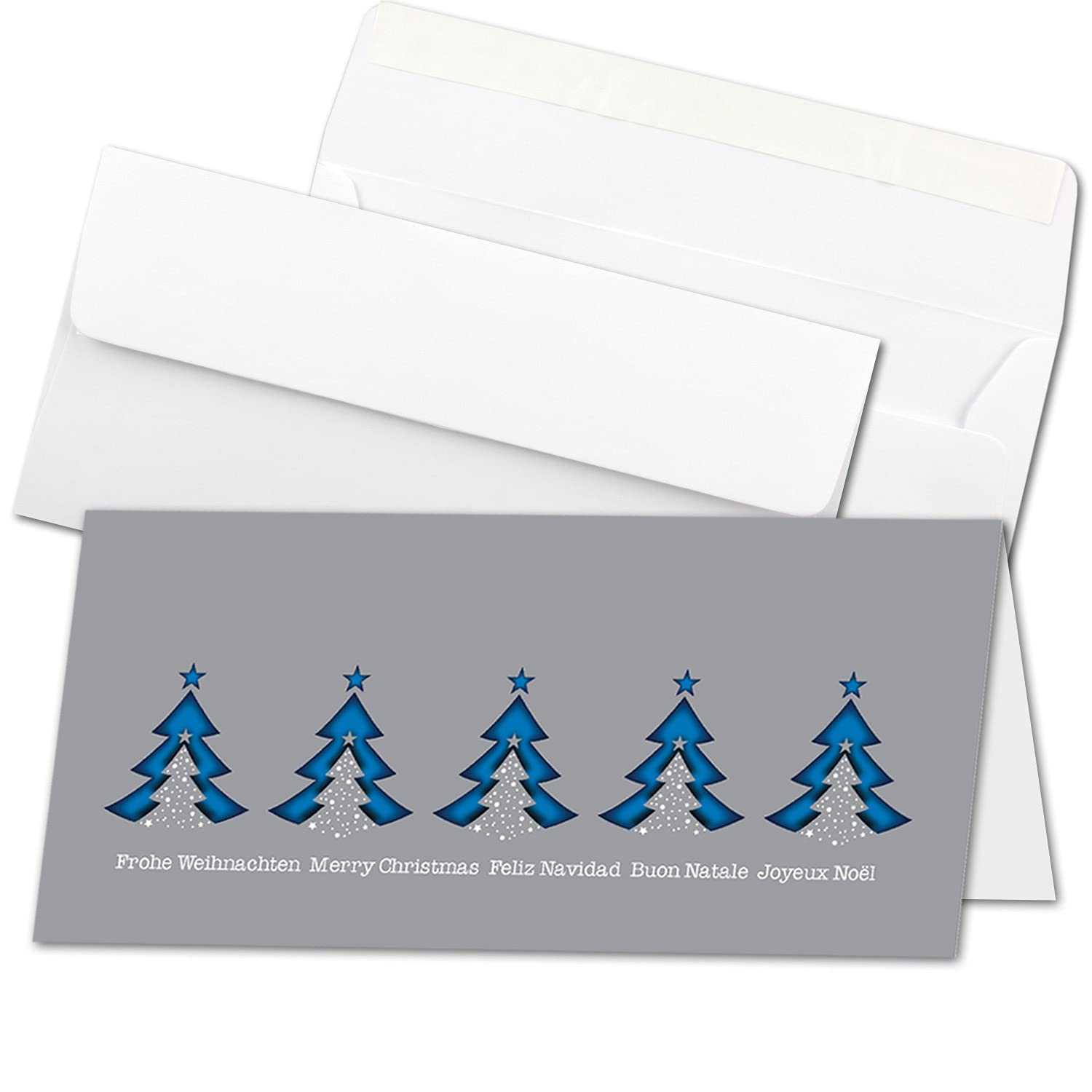 Juego de 200 tarjetas de Navidad DIN largo en gris con abetos azules y texto, tarjetas plegables con sobres a juego, DIN largos con cierre autoadhesivo, saludos navideños para empresas y privados