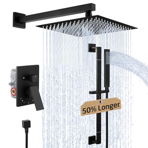 KES Shower Faucets Sets Complete 12-Inch Rain Shower Head with Handheld Spray Shower Slide Bar Including Rough-in Valve and Trim Kit Matte Black, XB6250-BK