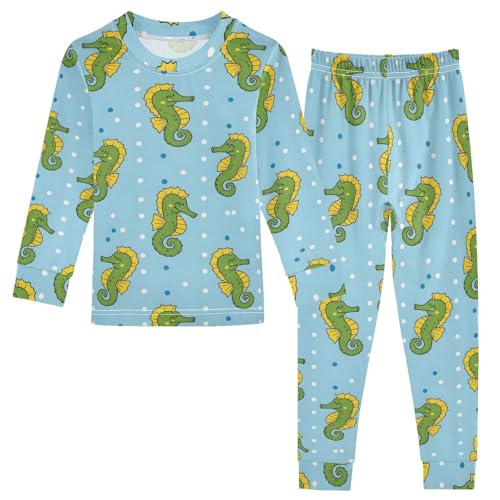 Pajama Sets Long Sleeve Seahorse Pattern on Blue Soft Comfy Sleepwear 2 Piece PJS 3-8T