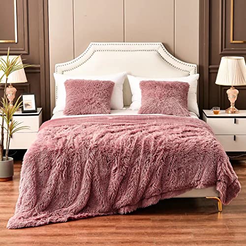 YUSOKI Pink Queen Faux Fur Winter Blanket,2 Layers,90"x90" Without Pillows Big Soft Plush Fuzzy Large Warm Fluffy Throw Blanket for Bed