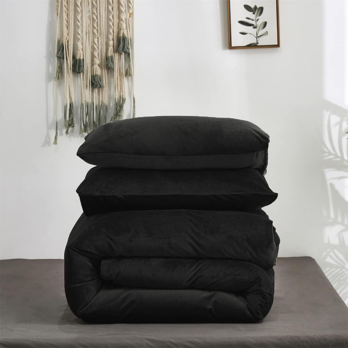 KAREVER Black Velvet Comforter Set - Full Flannel Bedding Comforter Set with 3 PCs Warm Soft Solid Black Winter Blanket - Image 5