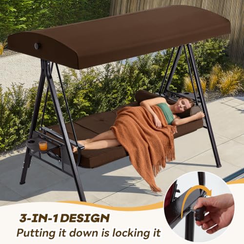 Image of 3 Seat Outdoor Patio Porch Swing with Adjustable Canopy, 3 in 1 Swing for Adults, Patio Swing Chair with Thickened Cushions,Pillows & Cup Holders for Backyard, Porch, Garden (Brown)