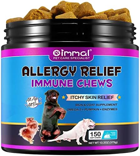 Dog Allergy Relief Chews, Itch Relief for Dogs, Allergy Relief Dog Treats w/Omega 3 + Pumpkin + Enzymes, Anti Itch Support & Hot Spots, Skin & Coat Immune Health Supplement for Dogs