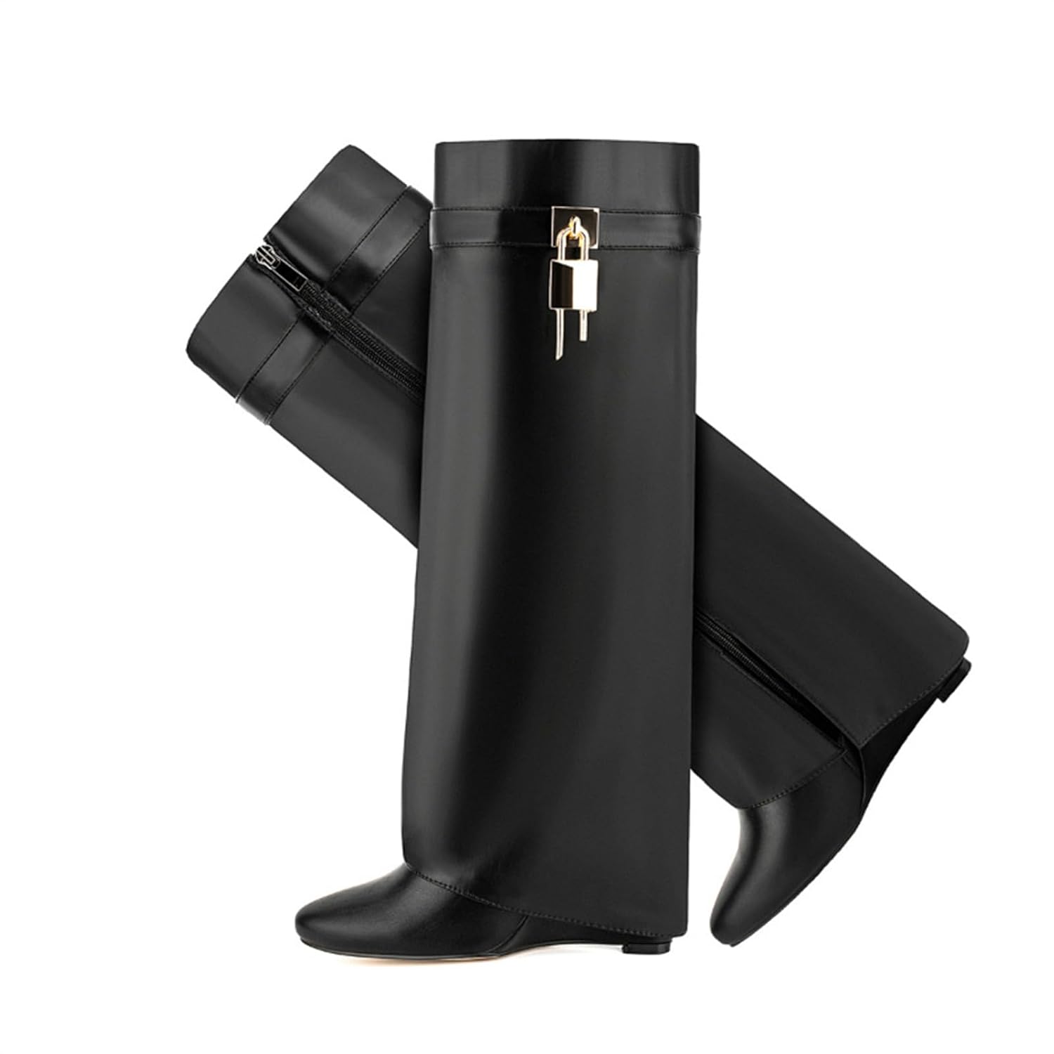 Vujkliy 10CM Women Pointy Knee Boot with Side Zipper Covered Padlock