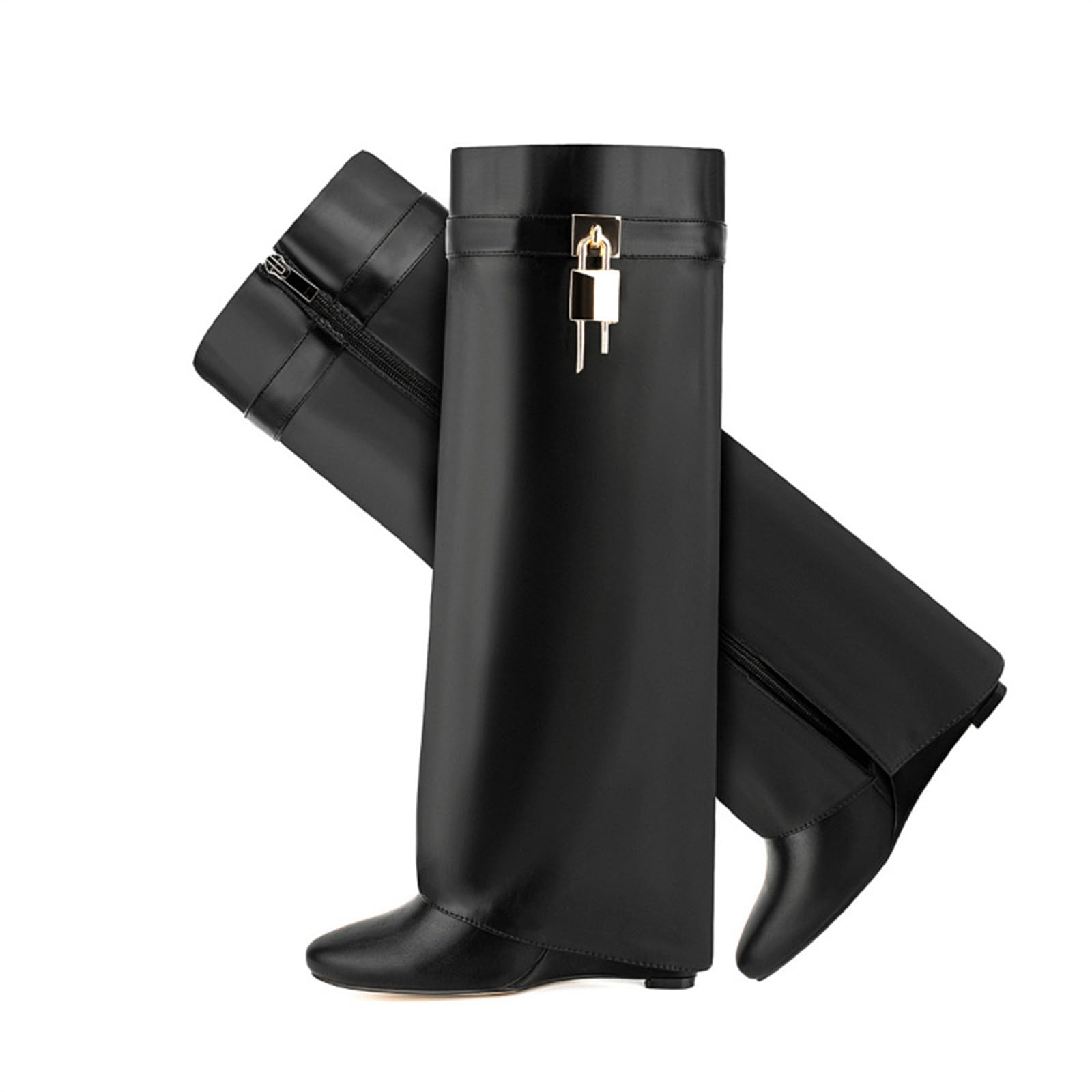 Vujkliy 10CM Women Pointy Knee Boot with Side Zipper Covered Padlock