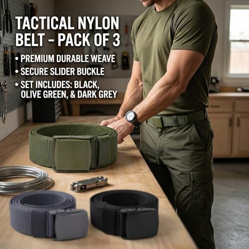 3 Pack Nylon Web Belt with Plastic Buckle Adjustable Tactical Waist Belt 1.5" Width 51" Length for Men Casual Outdoor Wear Black Army Green Grey
