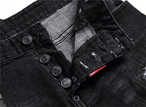 Men's Ripped Slim Fit Cozy Jeans Printed Pattern Biker Jean Trousers Fit Skinny Destroyed Distressed Tapered Leg Denim Pants (Black,34)3