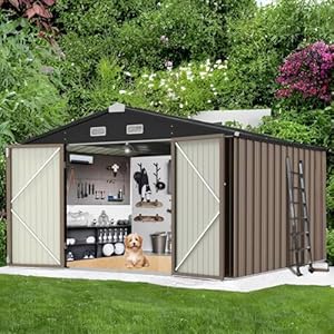 Outdoor Storage Shed, 10 x 12 FT Metal Storage Shed, Heavy Duty Steel Metal Sheds with Lockable Door & Shutter Vents, Compact Bike Shed for Garden,Garbage Can,Tool Storage, Chicken Coop(Brown) Outdoor Storage Shed 10 x 12 FT Metal Storage Shed Heavy Duty Steel Metal Sheds with Lockable Door Shutter Vents Compact Bike Shed for GardenGarbage CanTool Storage Chicken CoopBrown